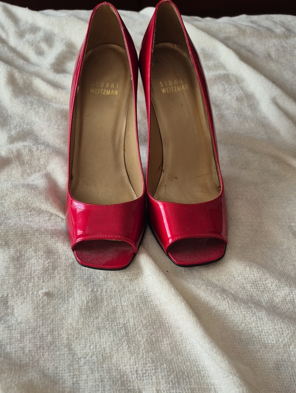 Stuart Weitzman Red Patent Peep-Toe Pumps